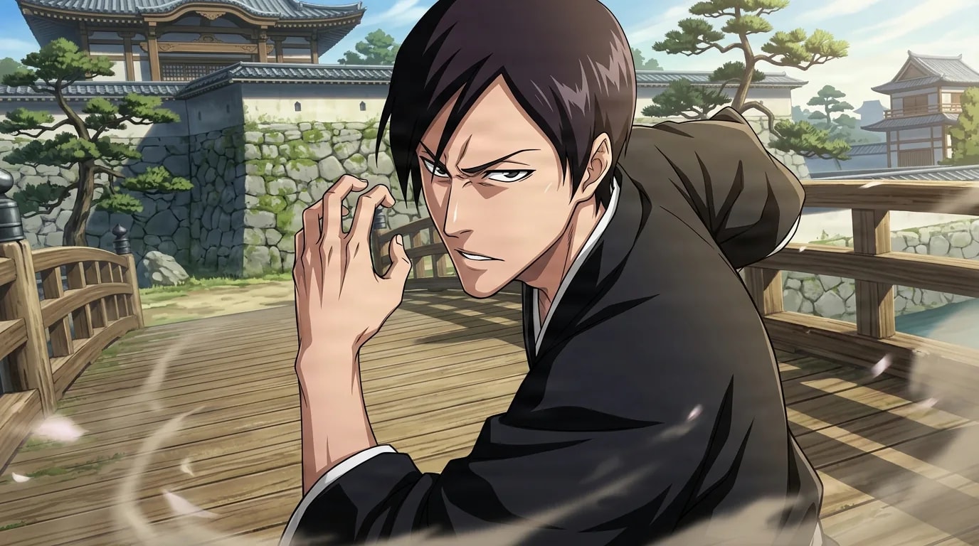 Aida from Bleach in a close-framed cel-shaded anime scene with a detailed environment
