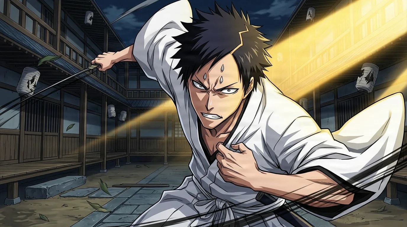 Akon from Bleach in a close-framed cel-shaded anime scene with a detailed environment