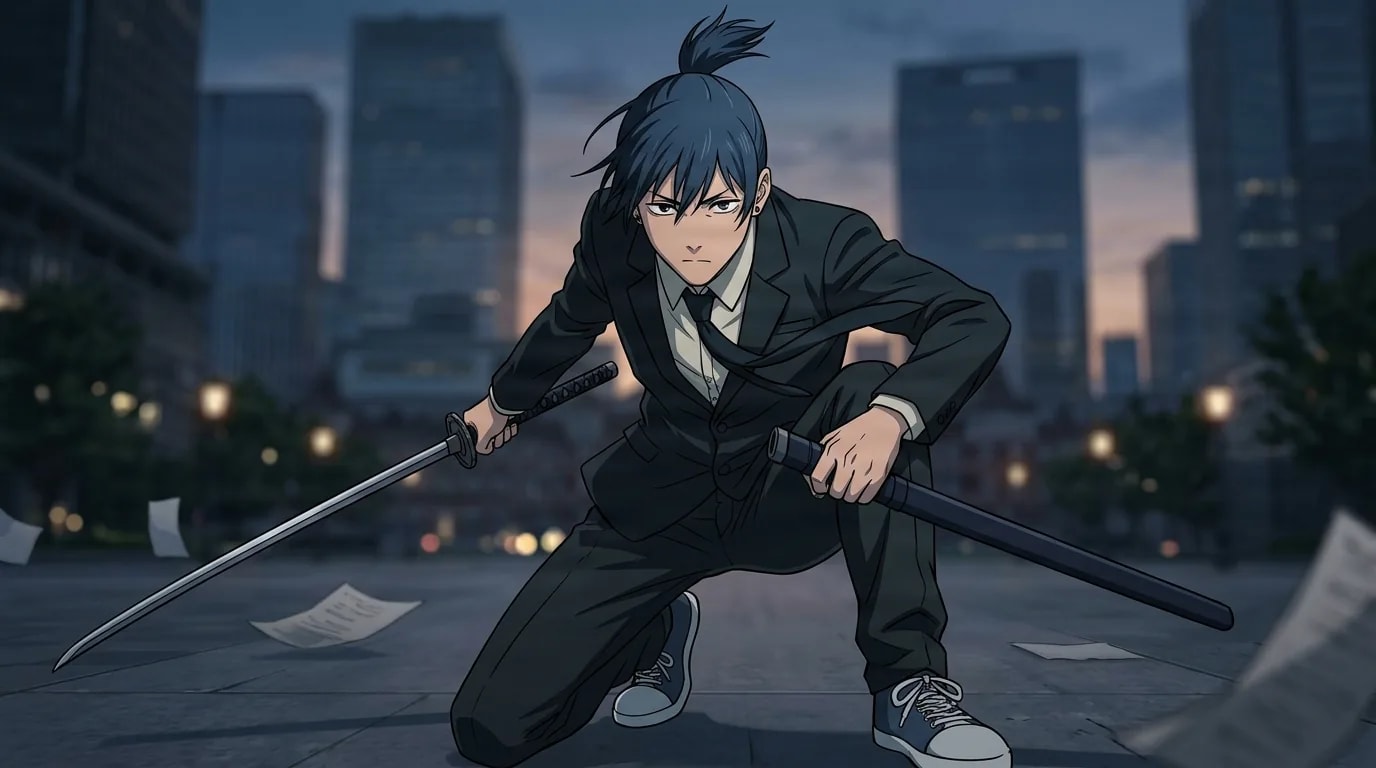 Aki Hayakawa in a black suit crouched in a low sword-drawing combat stance holding a katana and its scabbard, city skyline at dusk behind him.