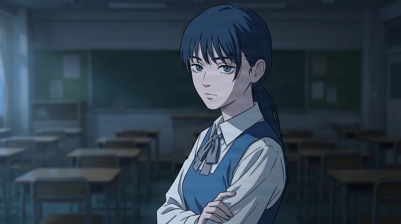Asa Mitaka in a school uniform with a ribbon and blue pinafore, arms crossed, standing in a dim empty classroom looking toward the viewer.