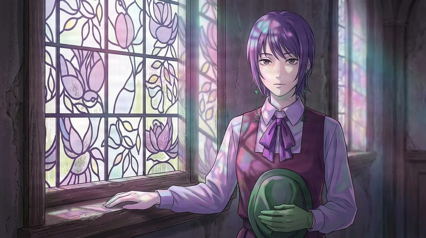 Purple haired woman in a maroon vest holding a green hat beside pastel stained glass windows in a dim stone room