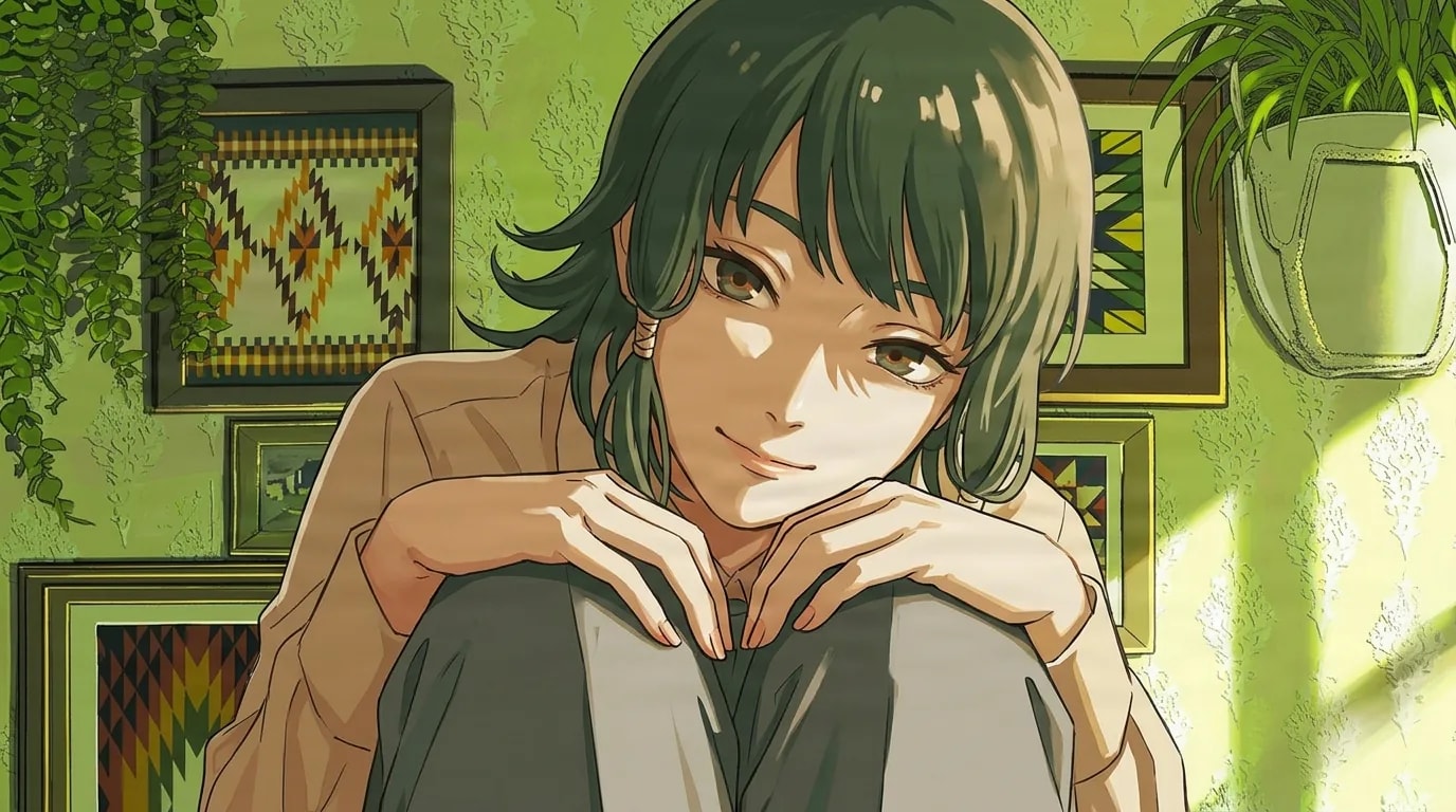 A green haired young woman rests her chin on her hands over her knees with a gentle smile in a sunlit room of framed art and plants.