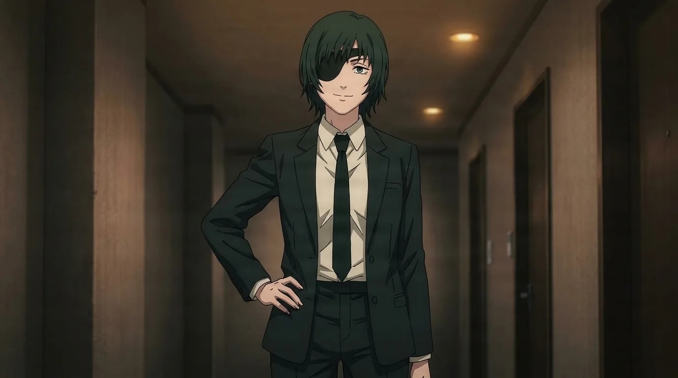 Himeno, a woman with dark green hair and an eyepatch over one eye, in a black suit and tie, one hand on her hip and a wry smile, in a dim indoor corridor.