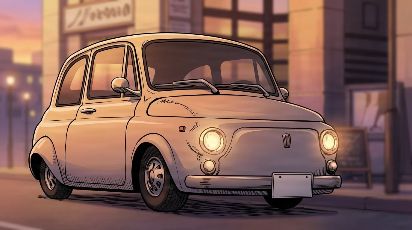 Small cream-colored vintage city car with round headlights glowing, parked on a quiet street at dusk