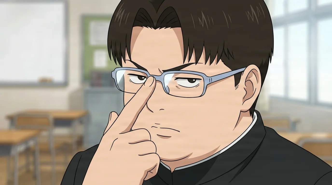 Kinta Sakata pushing his blue glasses up with one finger and a deadpan skeptical look, brown hair and black school uniform, in a blurred bright classroom