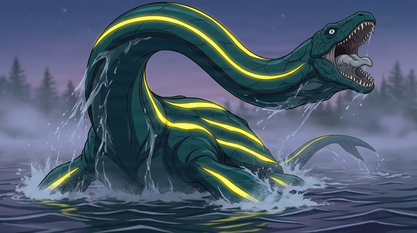 Nessie rearing its long striped neck out of a misty lake at dusk, jaws open wide and water spraying off its glowing yellow-striped green body
