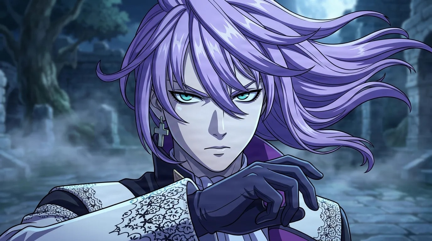 Saint-Germain staring coldly with piercing green eyes in a moonlit stone courtyard, long pale hair streaming in the wind and a gloved hand raised near the chest