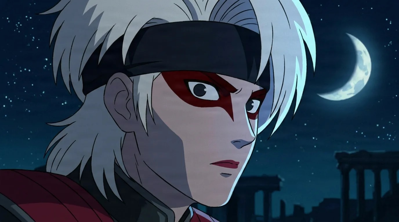 A silver haired figure with a black headband and red mask-like paint around the eyes glaring to the side under a starry night sky with a crescent moon and ancient stone columns behind.
