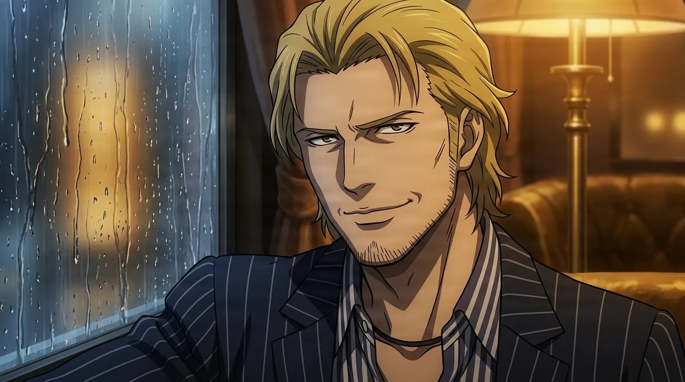 Aiber, a blond man with light stubble in a pinstripe suit, gives a sly confident smile while leaning by a rain-streaked window in a dim lamplit lounge.
