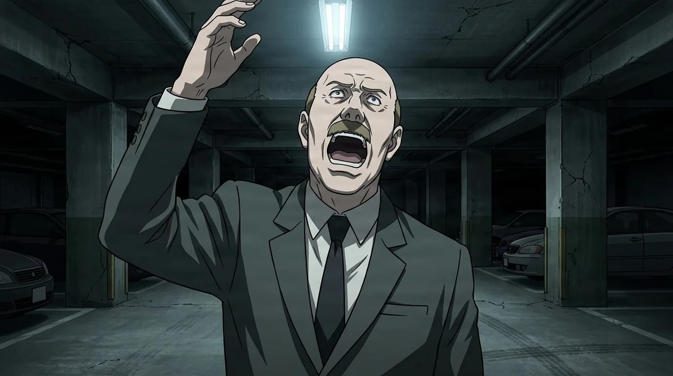 Bald man with a mustache in a grey suit and dark tie, mouth open shouting with one hand raised, standing under a fluorescent light in a dim concrete parking garage with parked cars behind him.