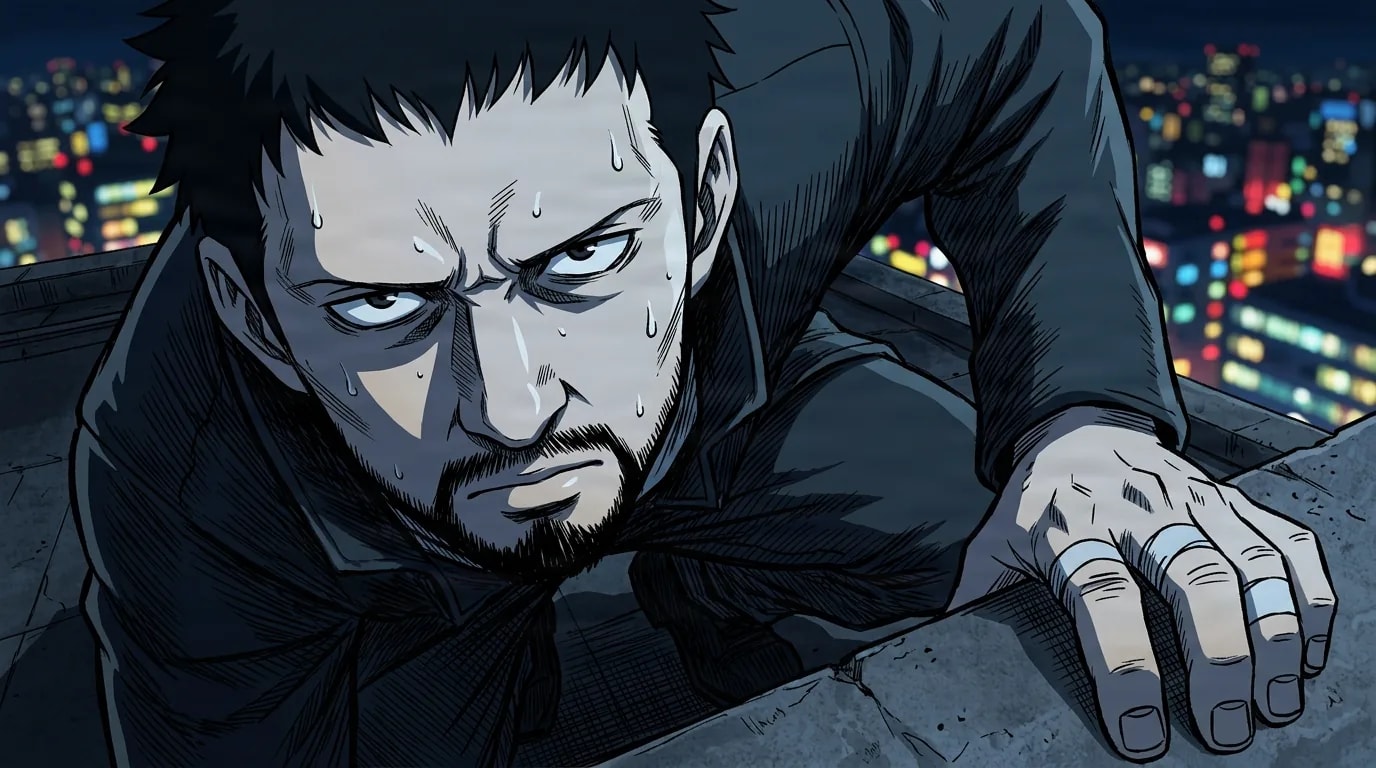 A bearded man with spiky dark hair crouches at a rooftop edge, one hand on the concrete, glaring up toward the viewer with a night city glowing behind him.