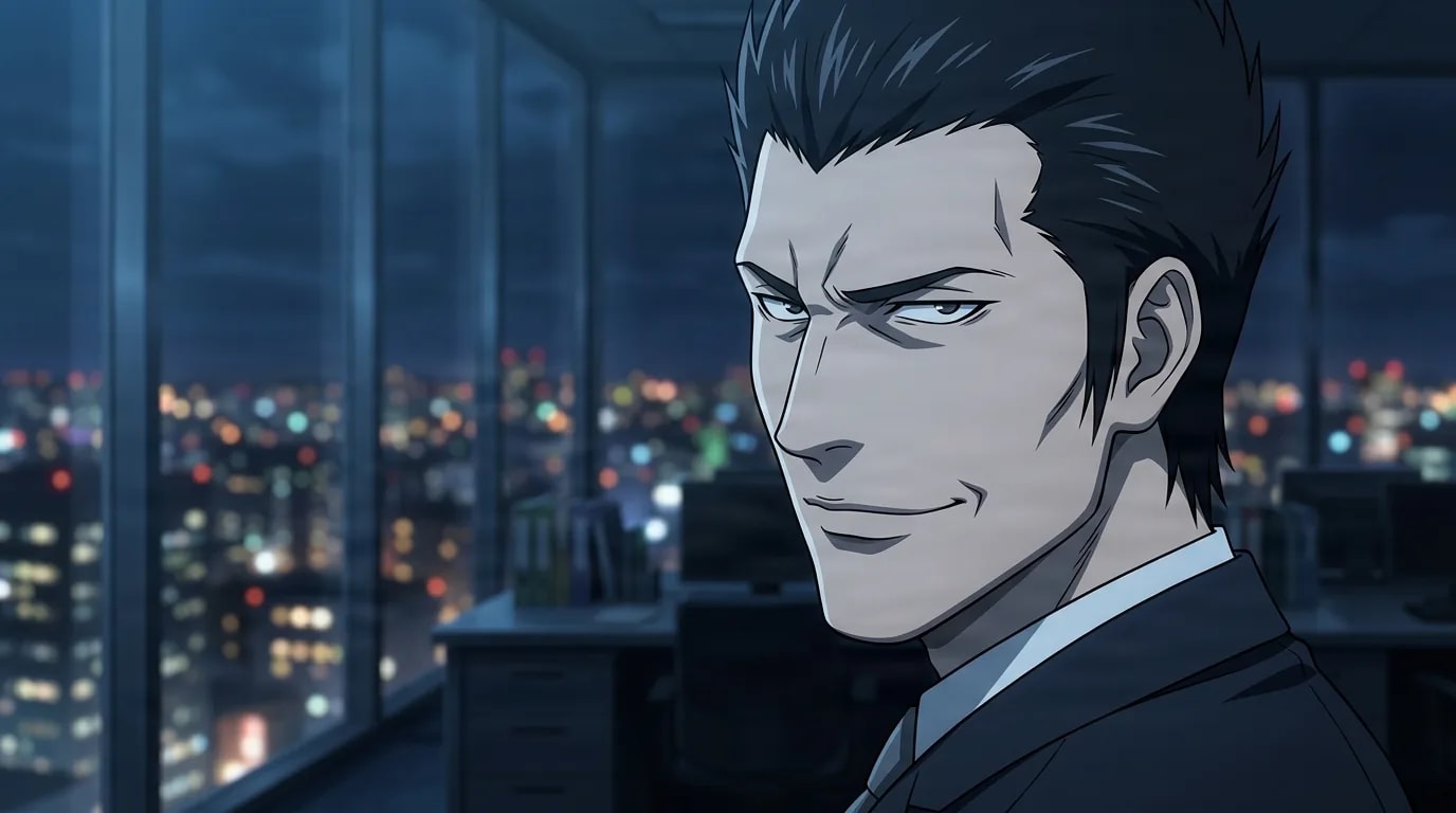 Kyosuke Higuchi, a man with slicked-back dark hair in a suit, wears a cold calculating smirk in a dim high-rise office with city lights behind him.