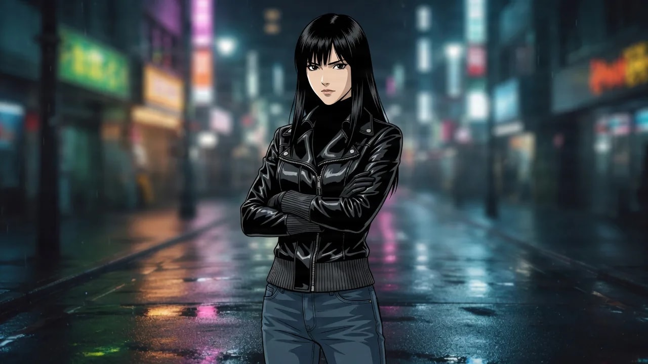 Naomi Misora, a long dark-haired woman in a black leather jacket and jeans, stands with arms crossed and a determined stare on a rain-slicked neon city street at night.