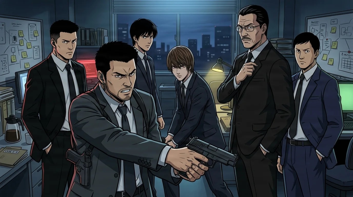 Six men in dark suits stand in a dim office at night, the front man aiming a handgun while the others look on tensely.