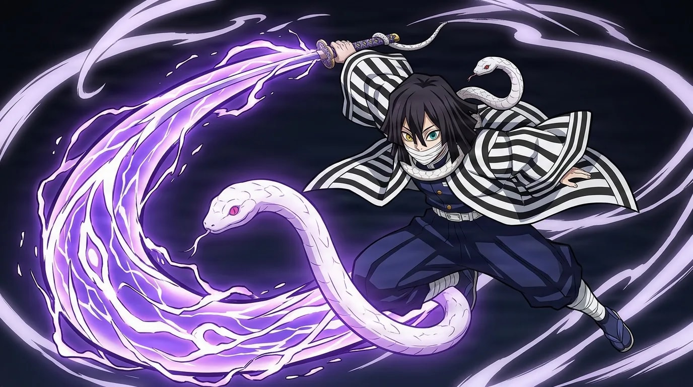 A dark-haired swordsman in a black and white striped haori lunges forward as a white serpent and a coiling ribbon of violet energy swirl from his raised katana.