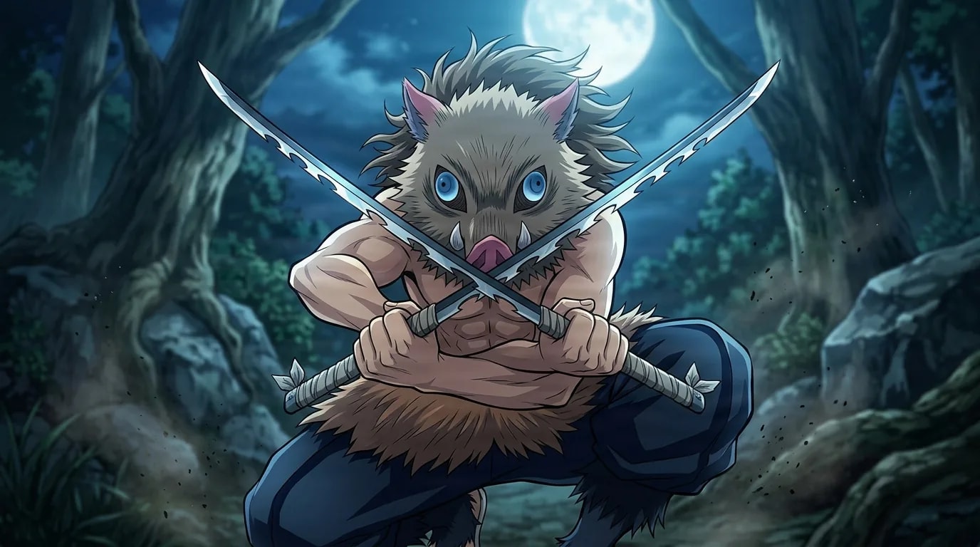 Inosuke Hashibira in a boar mask crouching with two serrated swords crossed before him in a moonlit forest