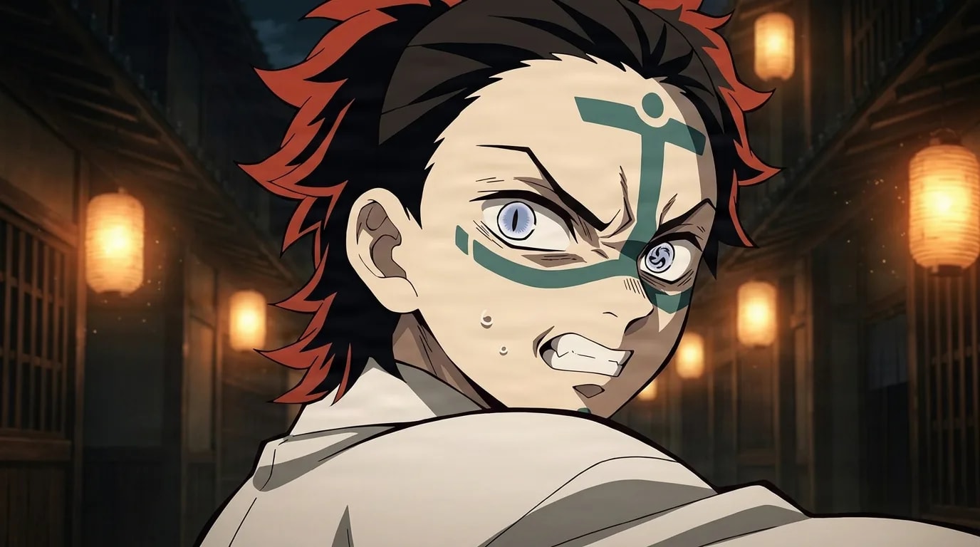 A pale demon with spiky black and orange hair, green anchor shaped forehead markings and green stripes across the eyes snarls while turning over his shoulder on a dim street lit by hanging paper lanterns at night.