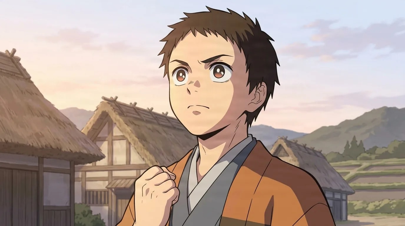 A brown haired young man with a determined expression looks upward with one fist clenched near his chest, standing in a rural village at dawn with thatched roof houses, rice fields and mountains behind him under a soft pink sky.