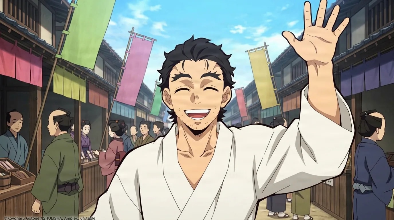 A grinning black haired man with stubble raises one hand in a cheerful wave while standing on a busy period market street lined with colorful cloth banners and shoppers in kimono under a bright blue sky, wearing a white robe.