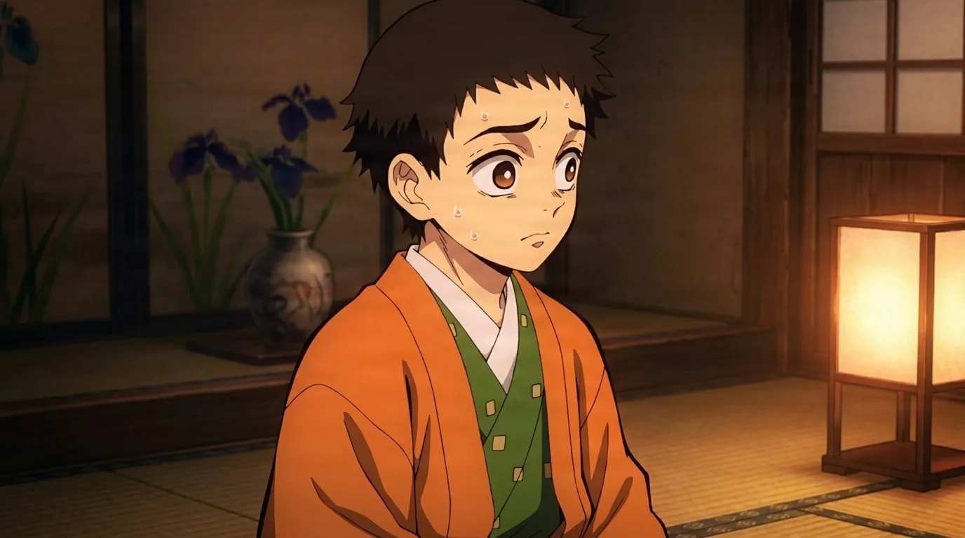 A brown-haired boy in an orange kimono over a green underlayer sits in a dim tatami room with an anxious sweating expression, an iris flower vase and paper lamp beside him.