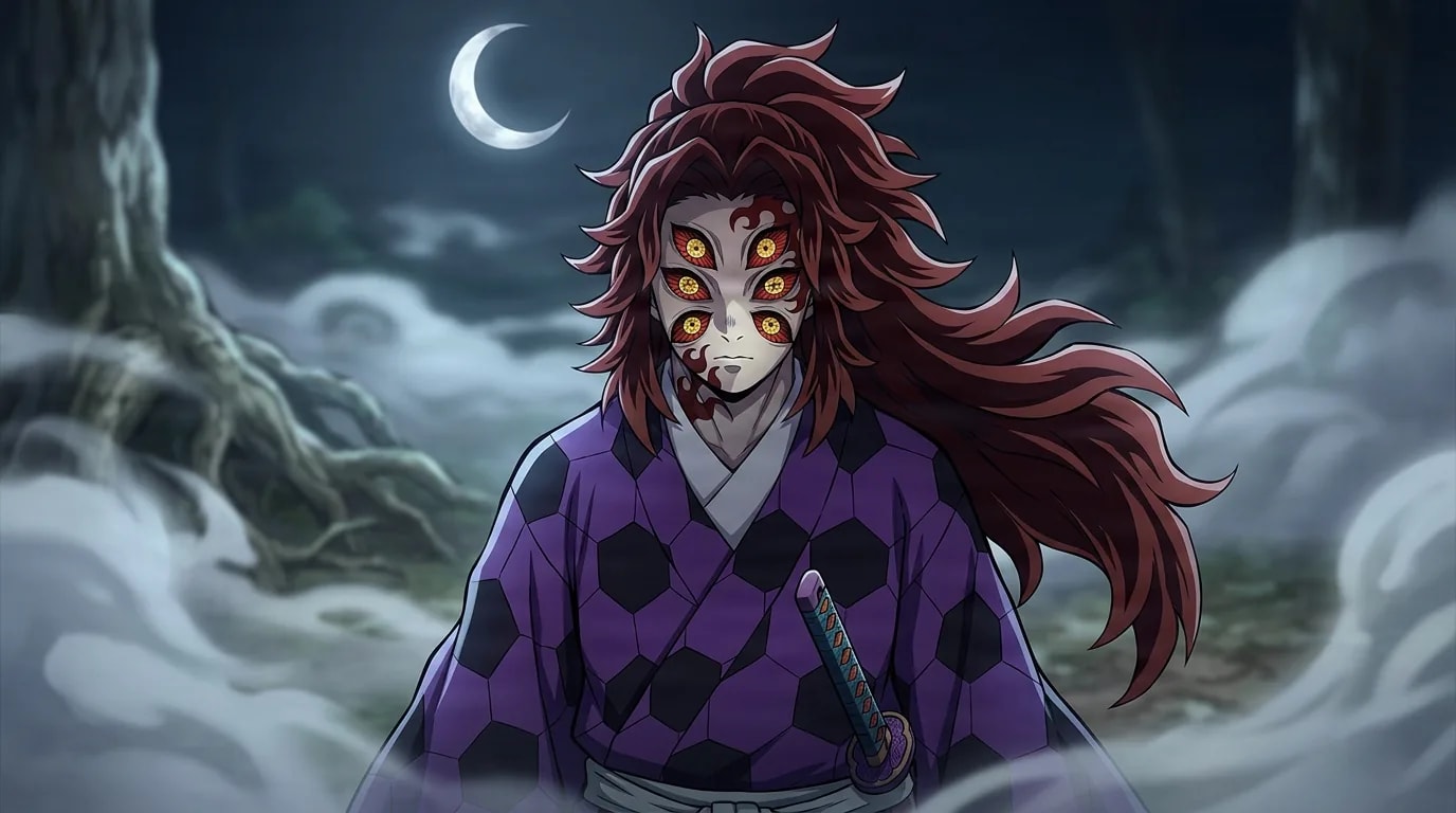 Kokushibo the six-eyed demon in a purple checkered haori, staring forward through pale moonlit mist beneath a thin crescent moon