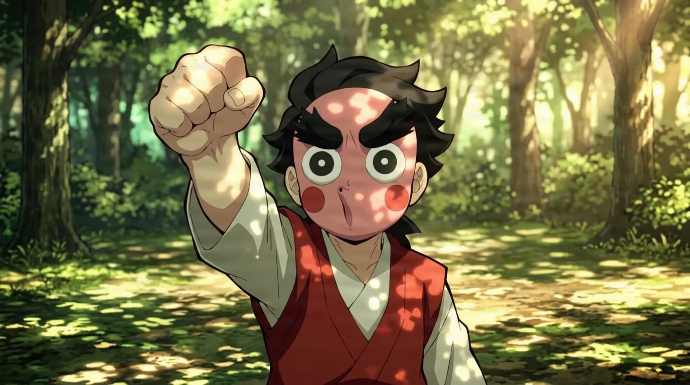 A boy wearing a comical pink festival mask with wide painted eyes and red cheeks raises a clenched fist in a sunlit forest clearing dappled with light, dressed in a red vest.