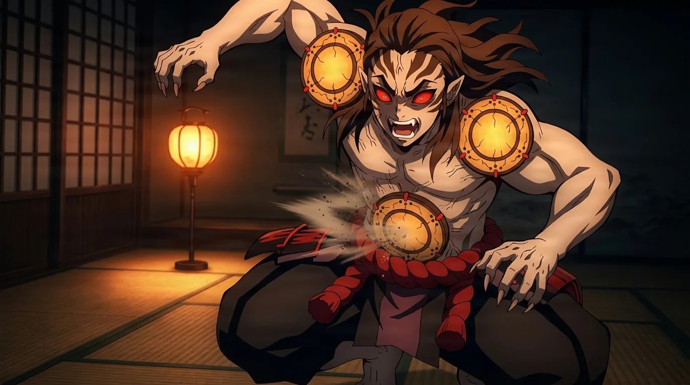 A pale muscular demon with red eyes and drums set into his body crouches low and swings a clawed fist inside a dim lantern-lit tatami room.