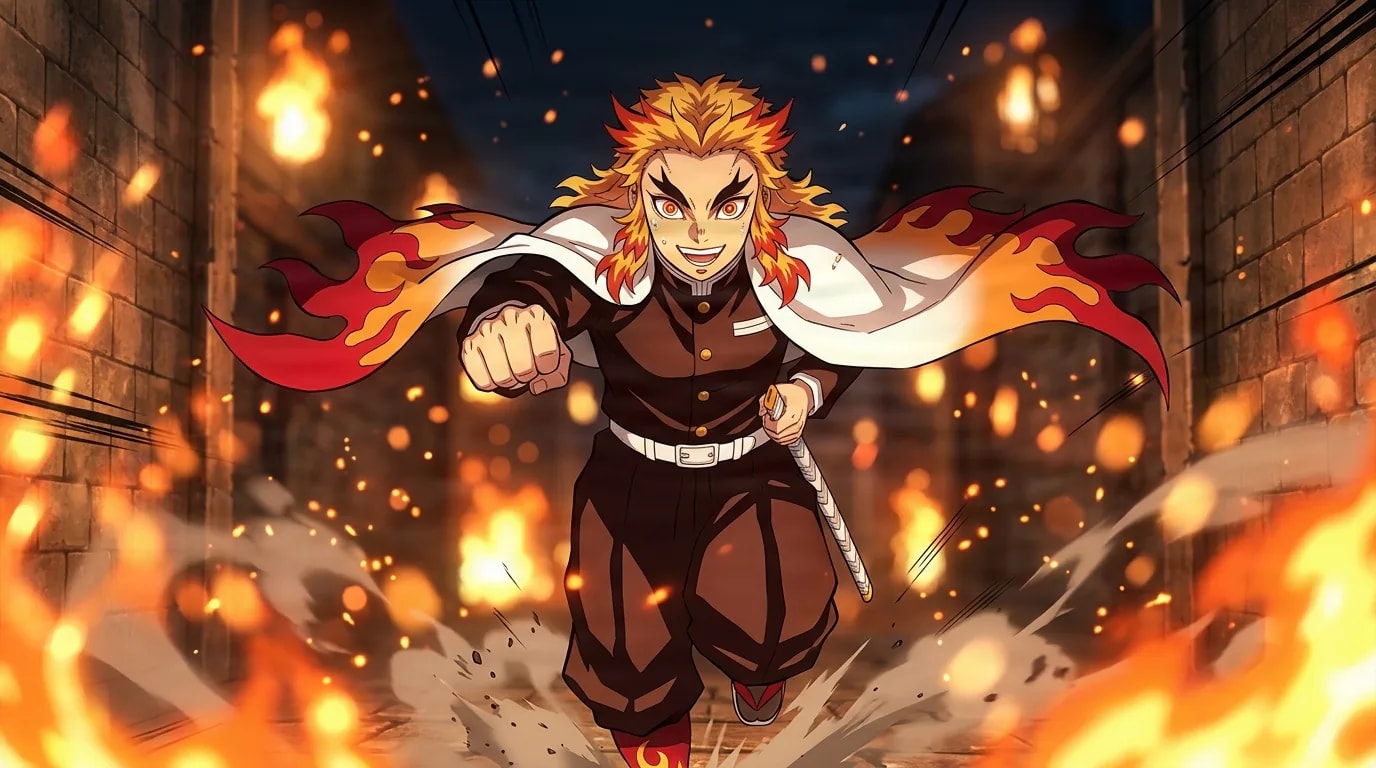 Kyojuro Rengoku charging forward with fist drawn back and a fierce grin, flame-patterned cape billowing through a burning corridor of swirling embers