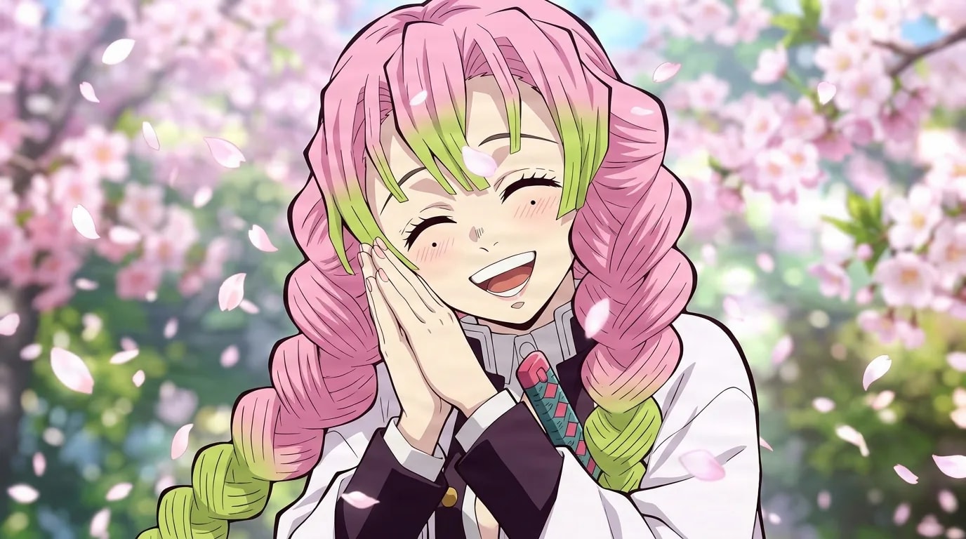 Mitsuri Kanroji beaming happily with hands pressed to her cheek and long pink-and-green braids, among falling cherry blossoms in a bright spring garden