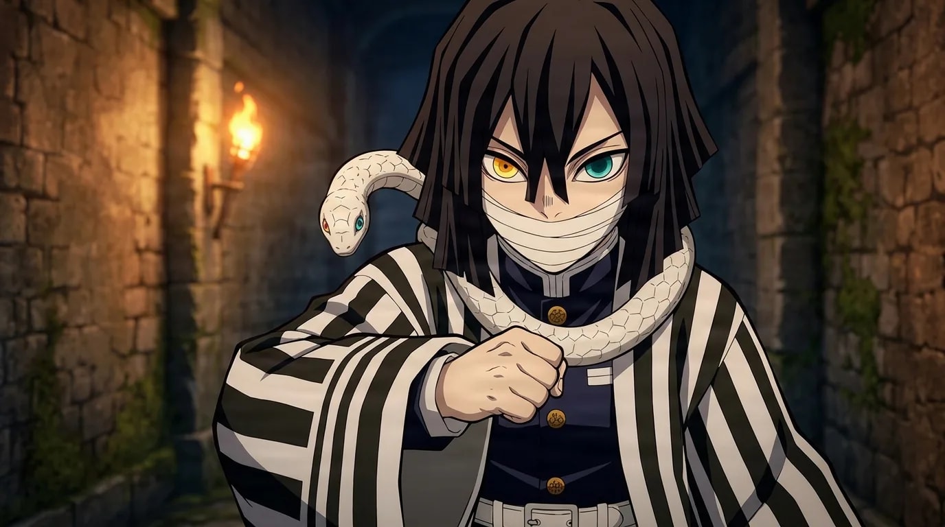 Obanai Iguro with mismatched yellow and green eyes and mouth bandages, a white snake coiled at his shoulder and fist raised in a torchlit stone corridor