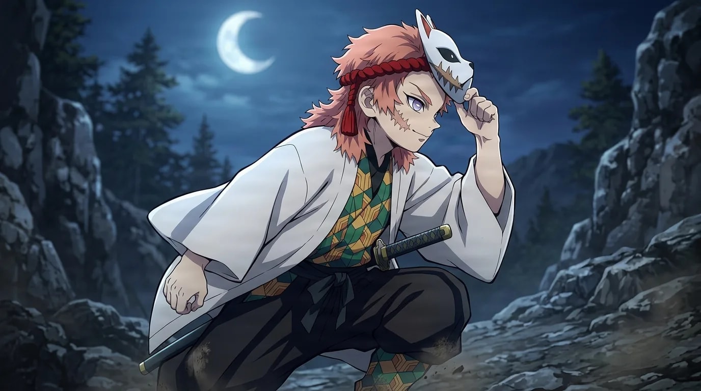 Sabito crouching on a rocky moonlit mountainside, a scar across his cheek, lifting a white fox mask with a sword at his side