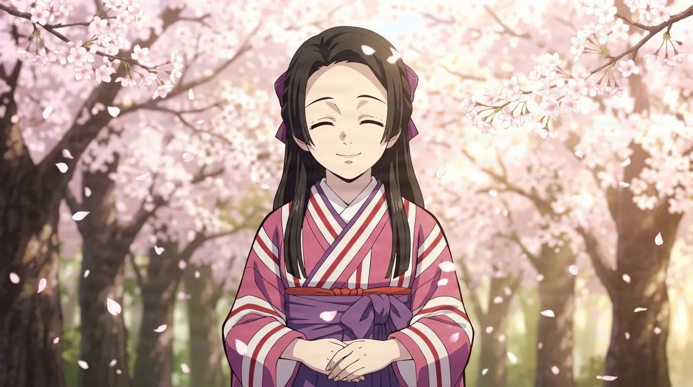 Satoko smiling with her eyes closed under falling cherry blossom petals, hands clasped in front of her striped pink and white kimono
