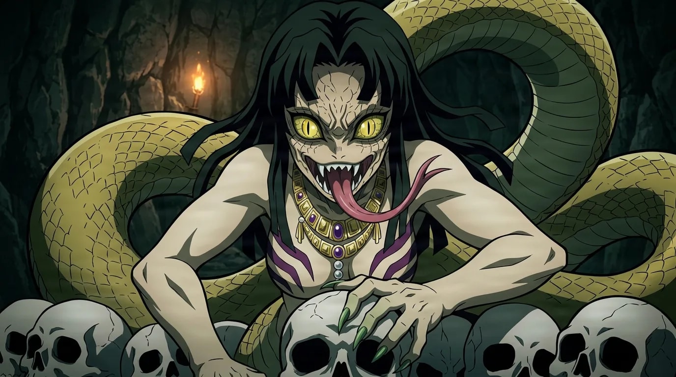 The Serpent Demon leaning over a pile of skulls in a dark cavern, yellow slit eyes and a fanged mouth with forked tongue out, giant snake coils behind