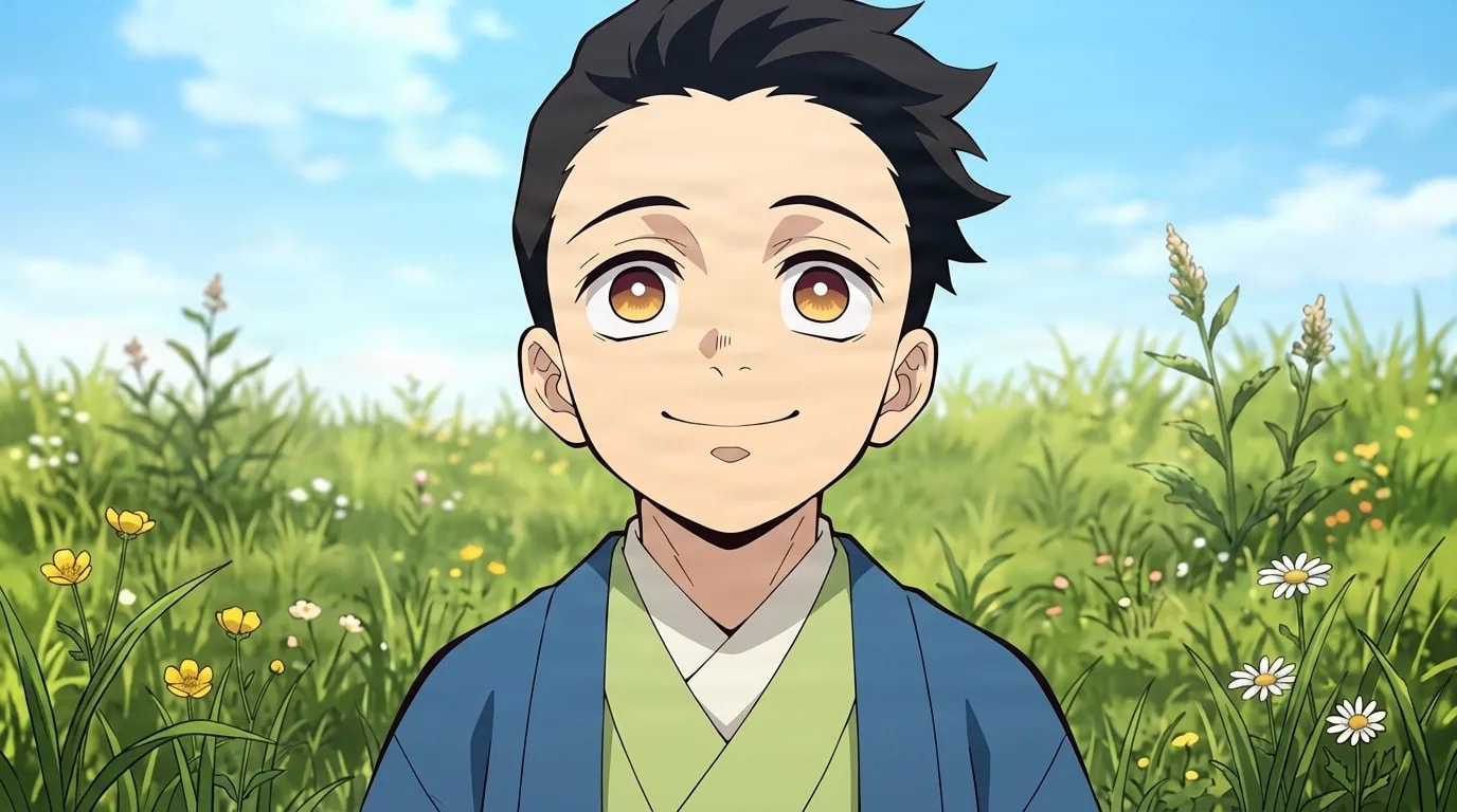 A young boy with short black hair and amber eyes wearing a blue kimono, smiling gently in a green meadow full of white and yellow wildflowers under a blue sky.
