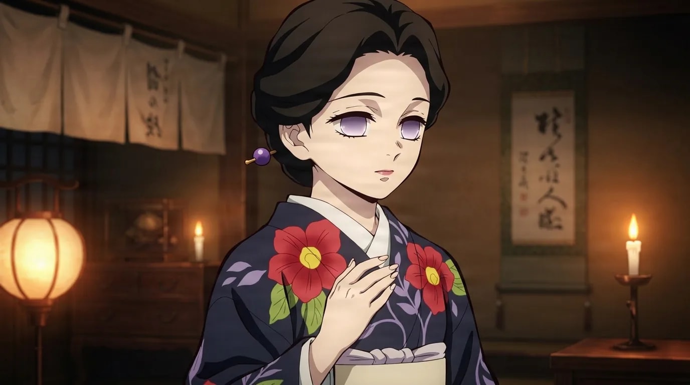 Tamayo rests one hand near her collar with a calm gentle expression, dark hair in an updo, floral kimono, in a warm candlelit traditional room.