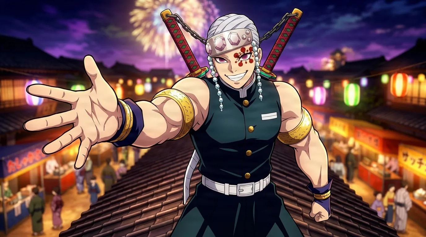 Tengen Uzui reaches an open hand toward the viewer with a dazzling grin, jeweled headband and twin swords on his back, over a festival street with fireworks.