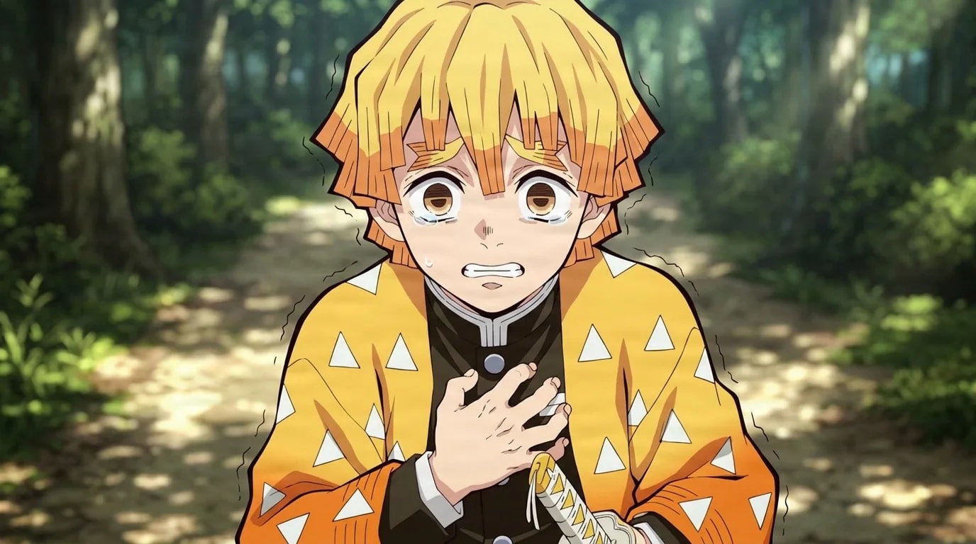 Zenitsu Agatsuma clutches a hand to his chest with wide teary eyes and a panicked grimace, yellow triangle-patterned haori, on a sunlit forest path.
