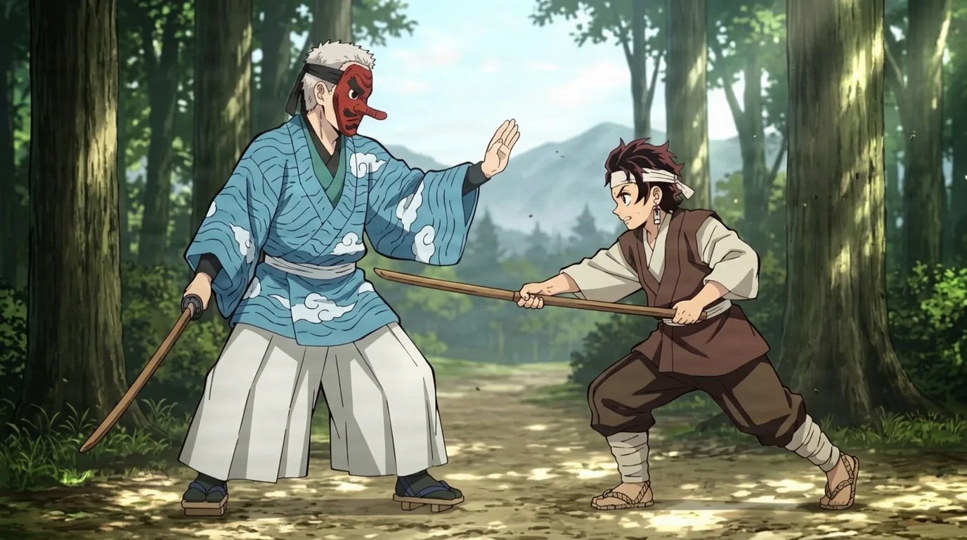 An older mentor in a blue kimono and red long-nosed mask faces a young swordsman in a headband during sword training on a sunlit forest path.