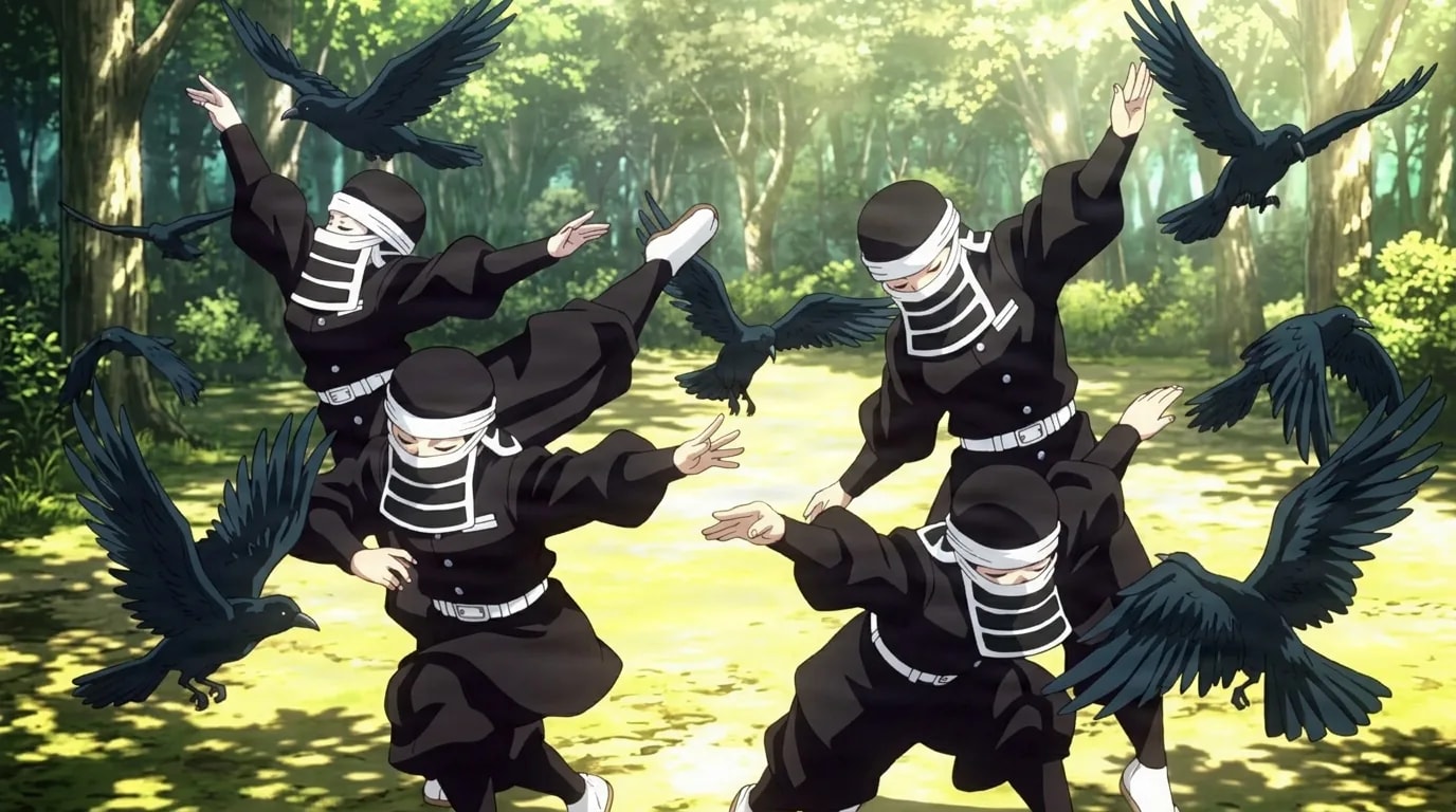 Four support corps members in black uniforms with white bandaged faces strike energetic poses in a sunlit forest clearing as black crows fly around them.