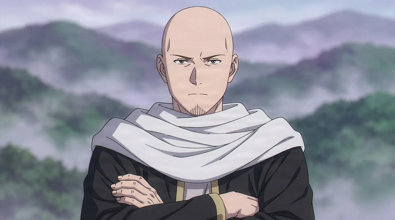 Blei, a stern bald man wearing a draped white scarf over a dark robe, stands with his arms folded against soft misty green hills, fixing a hard glare toward the viewer in a chest-up portrait.