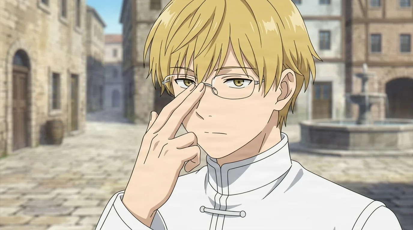 A blonde young man in rimless glasses and a white high collared uniform pushes his glasses up with two fingers, wearing a composed look in a sunlit old stone town square with a fountain.