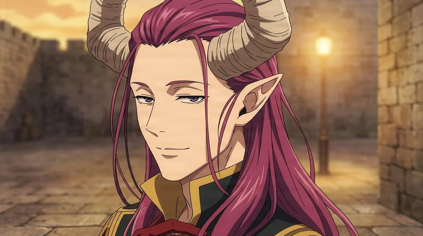 Macht, a horned demon with long magenta hair and pointed ears, gives a faint knowing smile in an old stone town square at golden dusk beside a glowing lamp post.