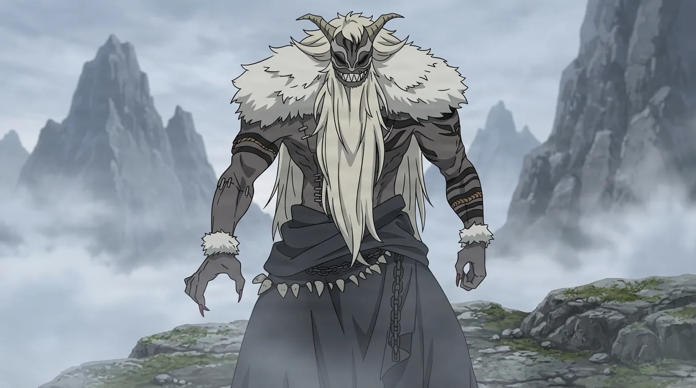 Qual, a towering demon wearing a horned skull mask and thick fur mantle, stands on a fog-shrouded rocky mountain ledge under a cold overcast sky.