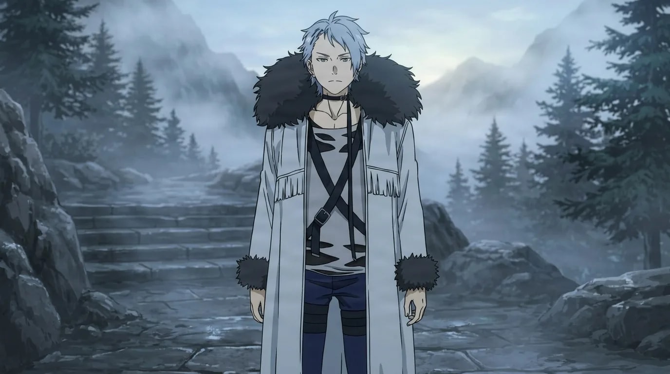 Wirbel, a silver-haired man in a white fur-collared coat, stands stern and composed on a misty stone mountain path lined with evergreen pines at pale dawn.