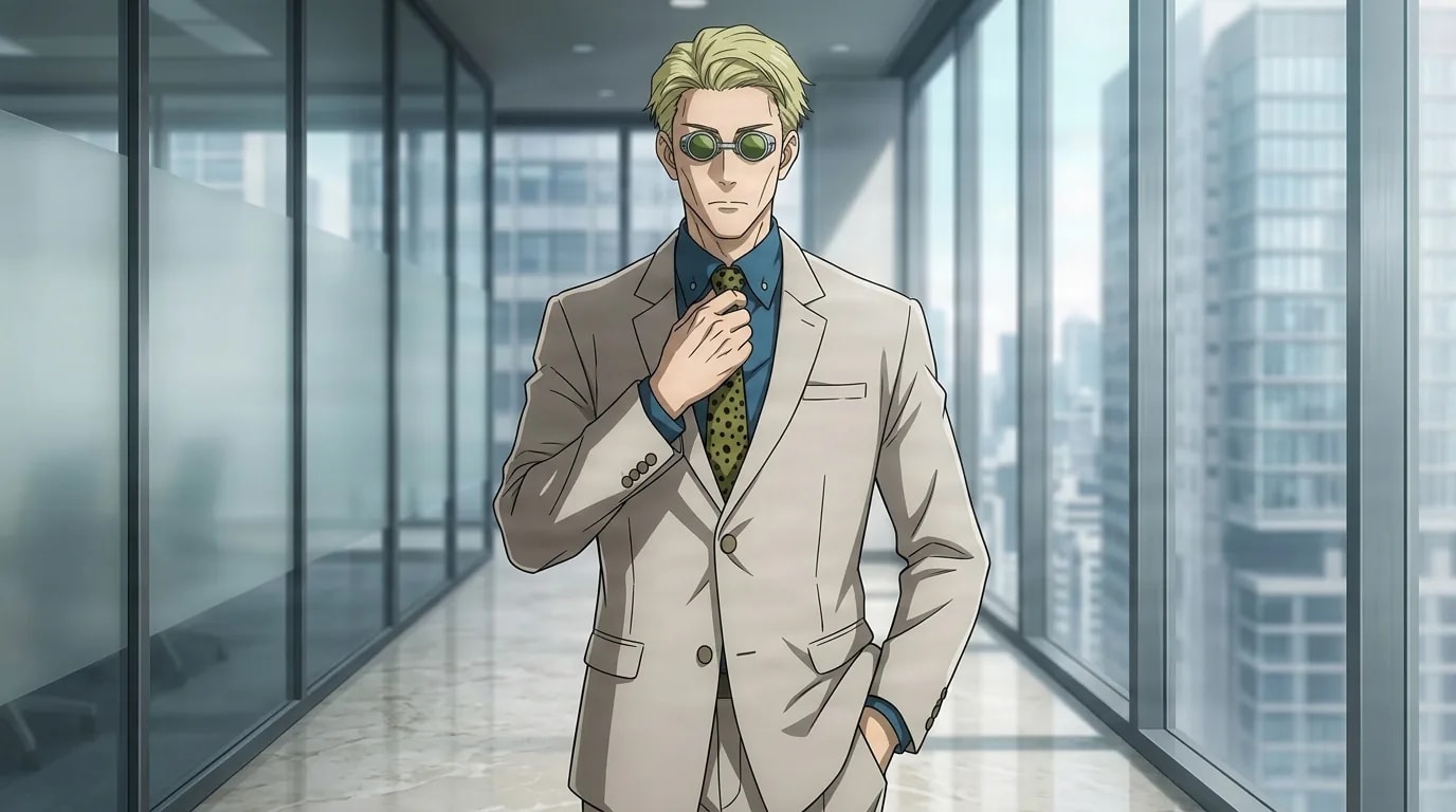 Kento Nanami in a beige suit adjusting his spotted tie with a calm expression in a bright modern office corridor