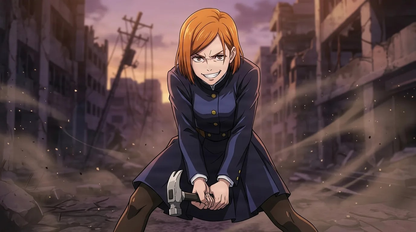 Nobara Kugisaki crouched with a confident grin gripping a hammer in both hands amid a ruined city street at dusk, orange bob hair and a dark navy school uniform, dust swirling around her.