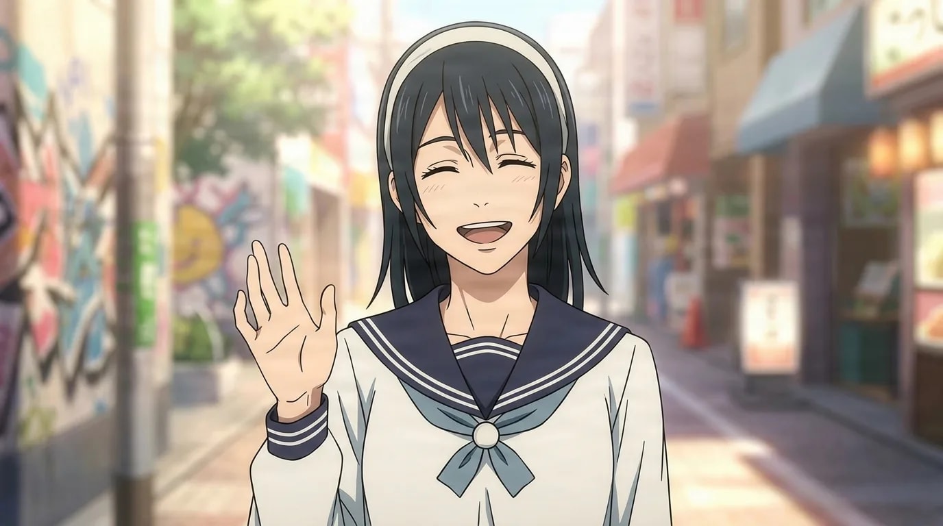 Riko Amanai laughing brightly and lifting one hand in a wave on a sunlit shopping street, dark hair held back by a white headband, wearing a white-and-navy sailor school uniform.