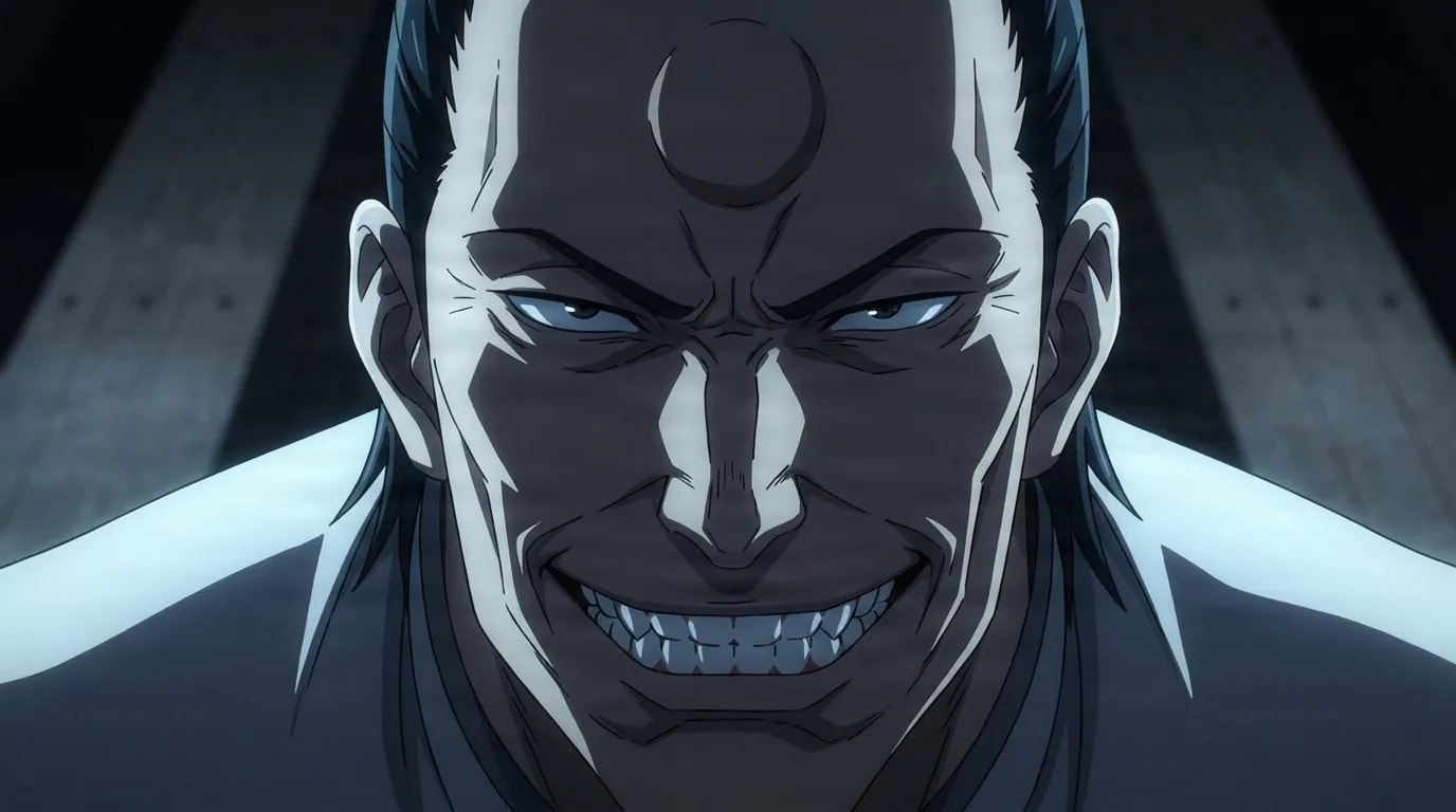 An extreme close-up of a grinning anime man with slicked-back dark hair and a crescent mark on his forehead, lit by sharp dramatic side lighting in shadow.