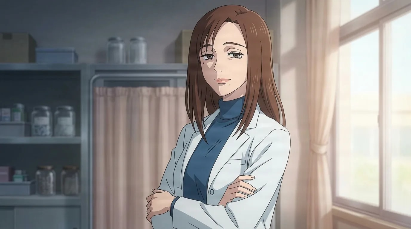 Shoko Ieiri in a white lab coat over a teal turtleneck, arms folded with a calm faint smile in a sunlit infirmary with shelves and a curtained bed
