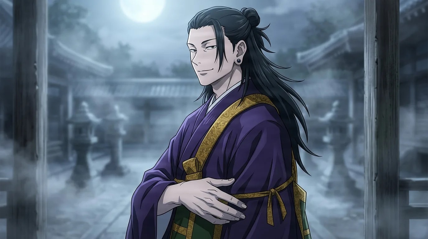 Suguru Geto with long black hair in a topknot and a purple gold-trimmed robe glances over his shoulder with a serene smile in a moonlit misty temple courtyard